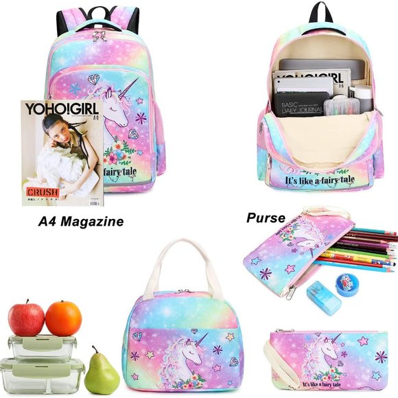New Girls Backpack Kids Elementary Bookbag Girly School Bag with Insulated Lunch